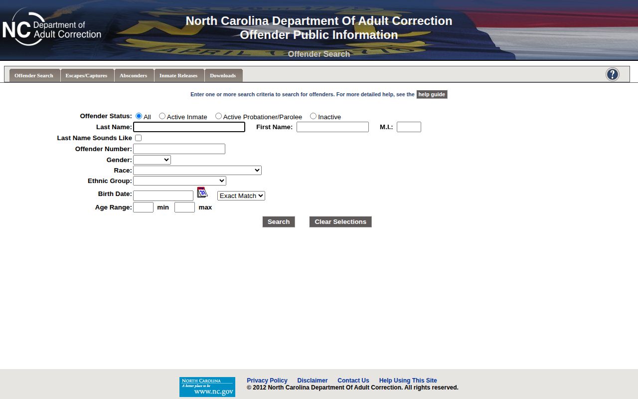 NC DAC Offender Public Information search status and identity fields
