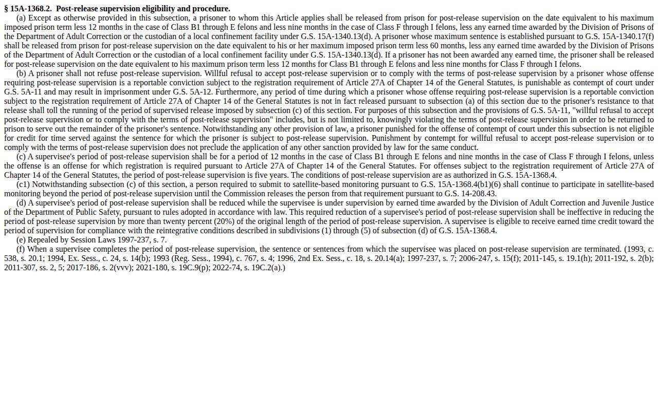 North Carolina post-release date statute for a Union County inmate