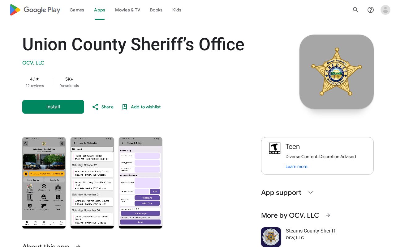 Official Union County Sheriff app listing with unverified released mugshot functions