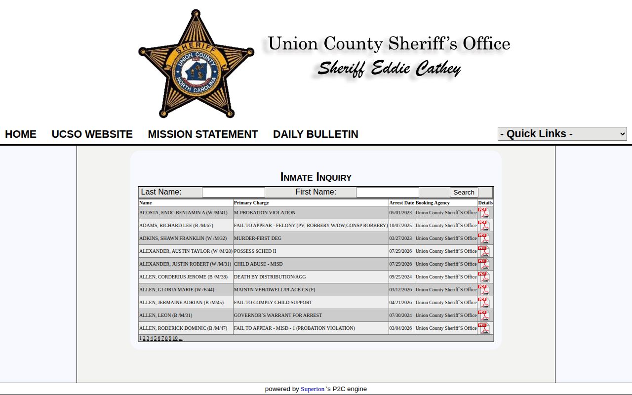 Union County Sheriff P2C current Inmate Inquiry search